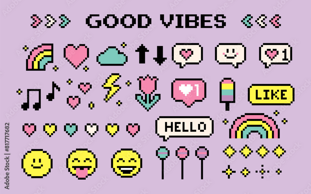 Pixels elements set. Rainbow, smile, arrow, heart. Y2k trendy playful pixels stickers. Mood of 90's aesthetics. 8-bit retro style vector illustration. Funny colored. Simple geometric form. Icon pack Pixels elements set. Rainbow, smile, arrow, heart. Y2k trendy playful pixels stickers. Mood of 90's aesthetics. 8-bit retro style vector illustration. Funny colored. Simple geometric form. Icon pack