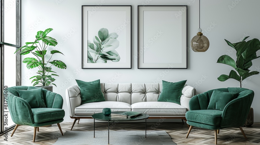 Fototapeta premium modern living room with sofa,White sofa and chair with green pillows against white wall with two posters, frames. Art deco classic interior design of modern living room