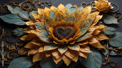 A whimsical sunflower with a heart-shaped face, its petals adorned with intricate patterns and designs, as if it were a living work of art. photo