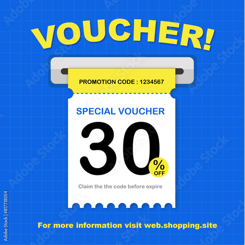 Vector banner Special voucher offering a 30% discount with a unique promotion code on a blue grid background