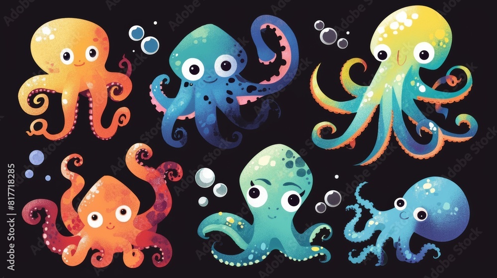 The octopus characters in this set are isolated on a black background. Cartoon illustration of underwater animals with tentacles and big eyes. The octopus characters in this set are isolated on a black background. Cartoon illustration of underwater animals with tentacles and big eyes.