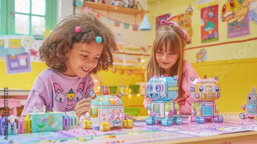 Two girls playing with colorful robot toys in bright classroom with decorations