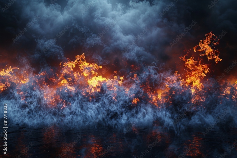 A fire is burning in the sky and the water is reflecting the flames