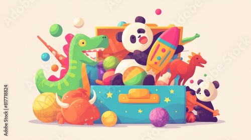 The cartoon clipart set shows how kids use their toys to play games with balls. It includes stuffed toys like a horse  rocket  dinosaur  and panda bear.