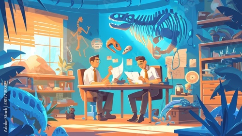 A paleontology lab interior with paleontologists working with dinosaur bones and skulls. Cartoon illustration of archaeologists.