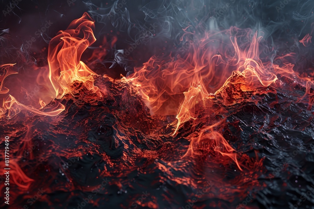 A fiery ocean with a volcano in the background A fiery ocean with a volcano in the background