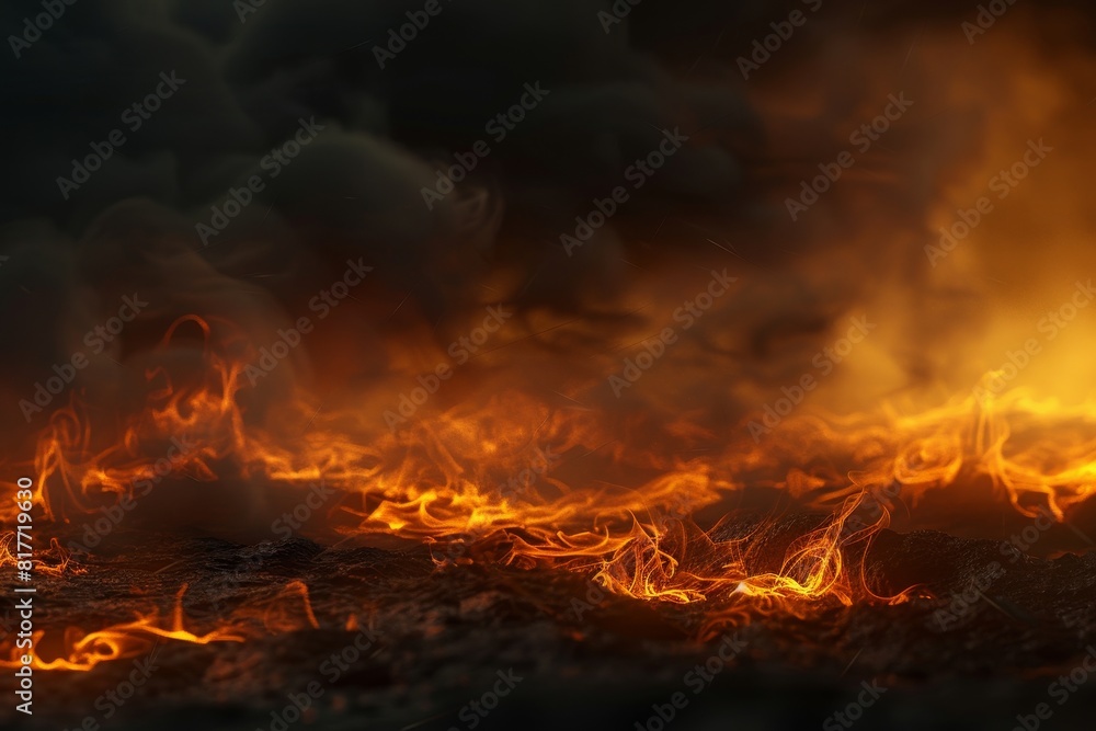 A fiery ocean with a volcano in the background A fiery ocean with a volcano in the background