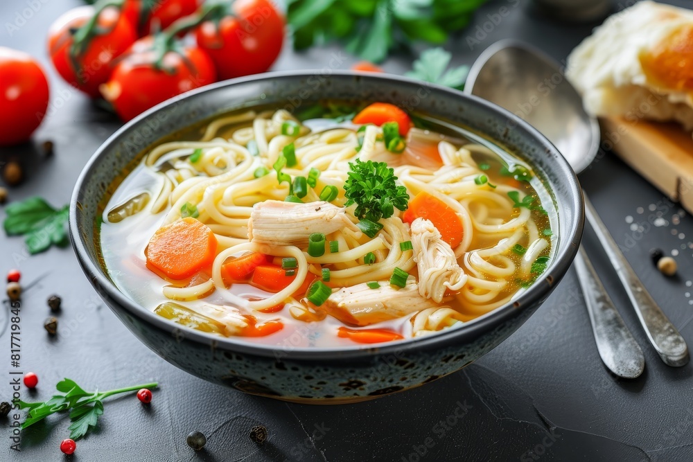 Vegetable and noodle chicken soup in bowl Promotes health Vegetable and noodle chicken soup in bowl Promotes health