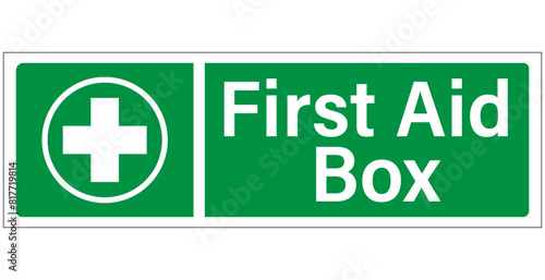 First aid box, green information sign with symbol and text. Horizontal  strip shape, sticker.