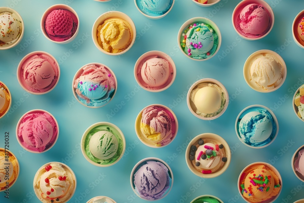 A row of ice cream cones with different flavors and toppings A row of ice cream cones with different flavors and toppings