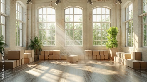 sunlit warehouse with large windows, boxes stacked neatly, and lush green plants adding life to the space