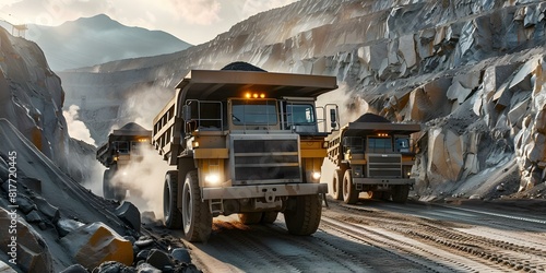 Opencut coal mine with coal dump trucks. Concept Coal Mining, Heavy Machinery, Transportation, Industrial Operations photo