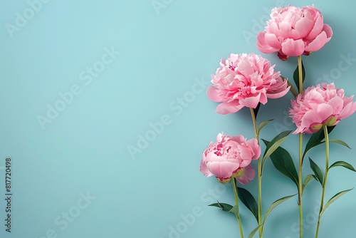 Three pink flowers on blue surface