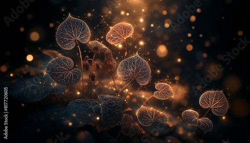 An abstract background image of Coral Bells leaves with magical lights in a forest
