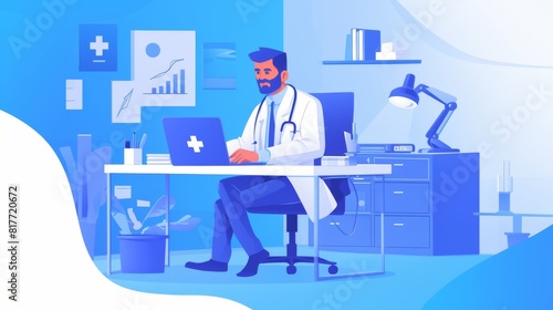 Medical office care with female character for checkup on laptop and consult online. Telehealth examination in healthcare room for diagnosis research.