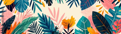 Minimalist doodle poster showcasing a colourful jungle motif with graphic ornaments  ideal for unique textile designs and vibrant prints 8K   high-resolution  ultra HD up32K HD