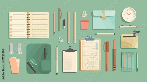 Set of different stationery on green background Vector