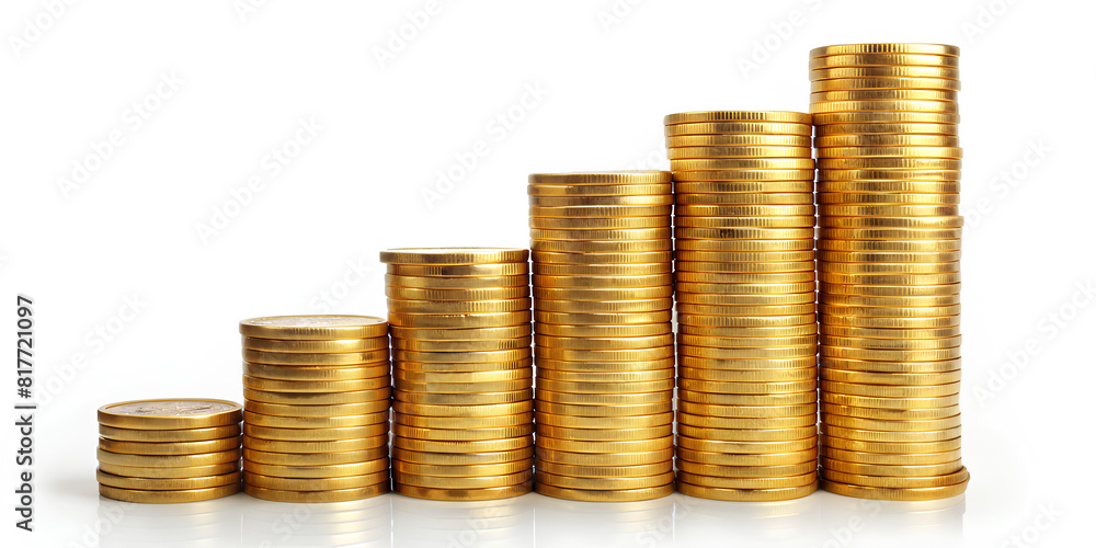 Golden coin stack growth up isolated on white background with clipping path. money saving, financial grow Golden coin stack growth up isolated on white background with clipping path. money saving, financial grow