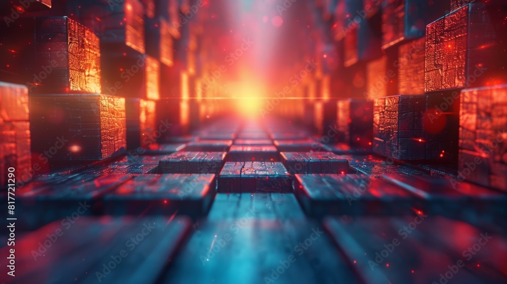 Futuristic cityscape with glowing cubes, vibrant orange and blue lighting Futuristic cityscape with glowing cubes, vibrant orange and blue lighting