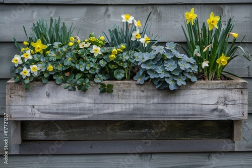 Wooden flower box with seasonal plants Leucophyta brownii daffodils muehlenbeckia axillaris and pansies photo