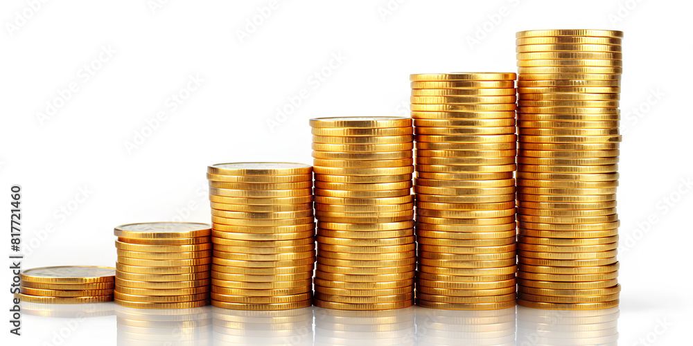 Golden coin stack growth up isolated on white background with clipping path Golden coin stack growth up isolated on white background with clipping path