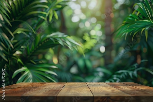 Wooden podium in tropical forest with green plant background outdoor display in nature