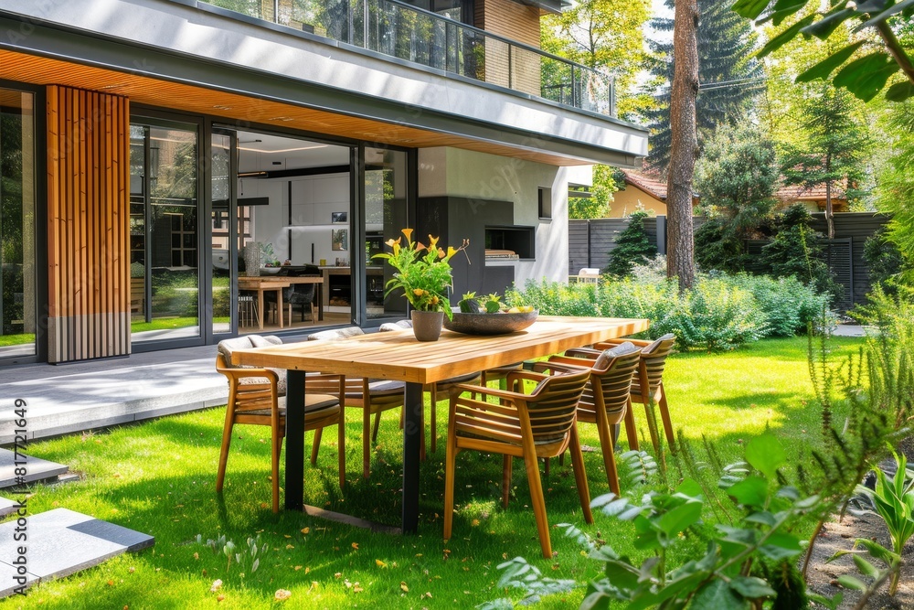 Wooden table and chairs in a modern house s bright green garden photographed