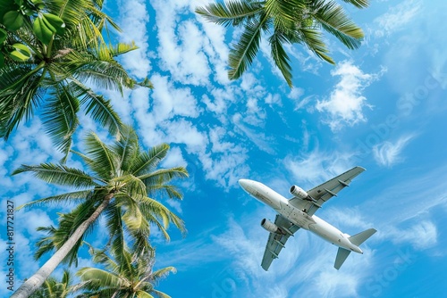 Blue sky with coconut trees with airplane is going to the tropical sea beach, sightseeing in the summer holidays. photo