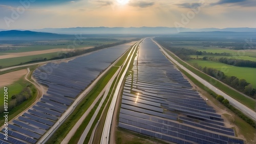 photovoltaics installed in open areas beside a highway from above. An installation of solar power utilized as a renewable energy source and clean electricity generator near to a busy road