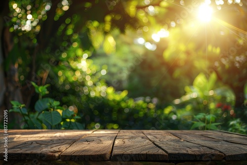 Wooden table with blurred garden background for product display template