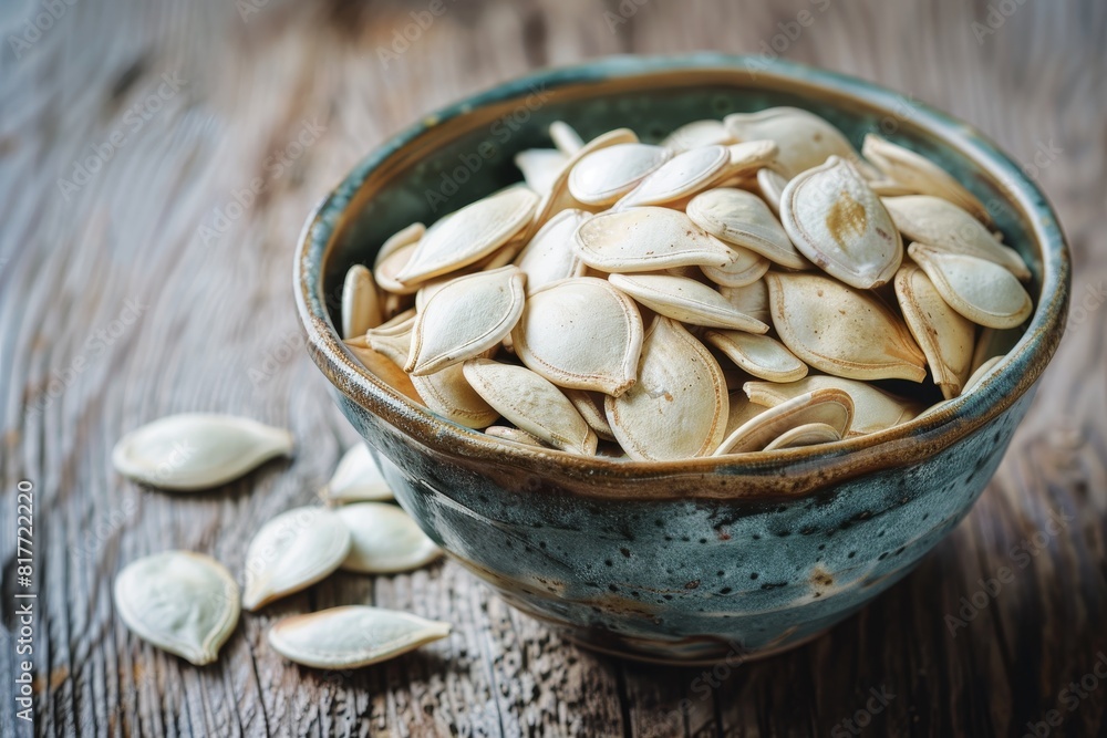 Wooden table with close up full bowl of pumpkin seeds Wooden table with close up full bowl of pumpkin seeds