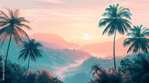 Graphic print of a minimalist Hawaii jungle scene  executed in soft pastel colours  showcasing palm trees and a serene paradise atmosphere suitable for wedding decor 8K   high-resolution  ultra HD up3