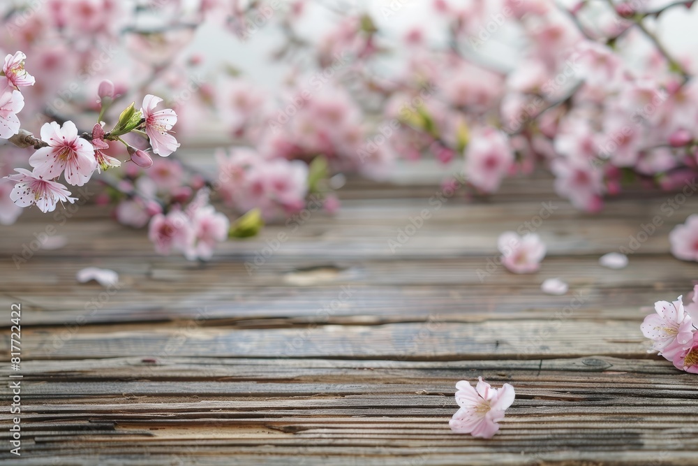 Wooden table with spring blossoms as a backdrop décor Wooden table with spring blossoms as a backdrop décor