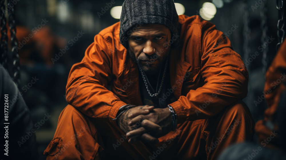 Cinematic Close-Up of a Handcuffed Convict in Orange Prison Uniform