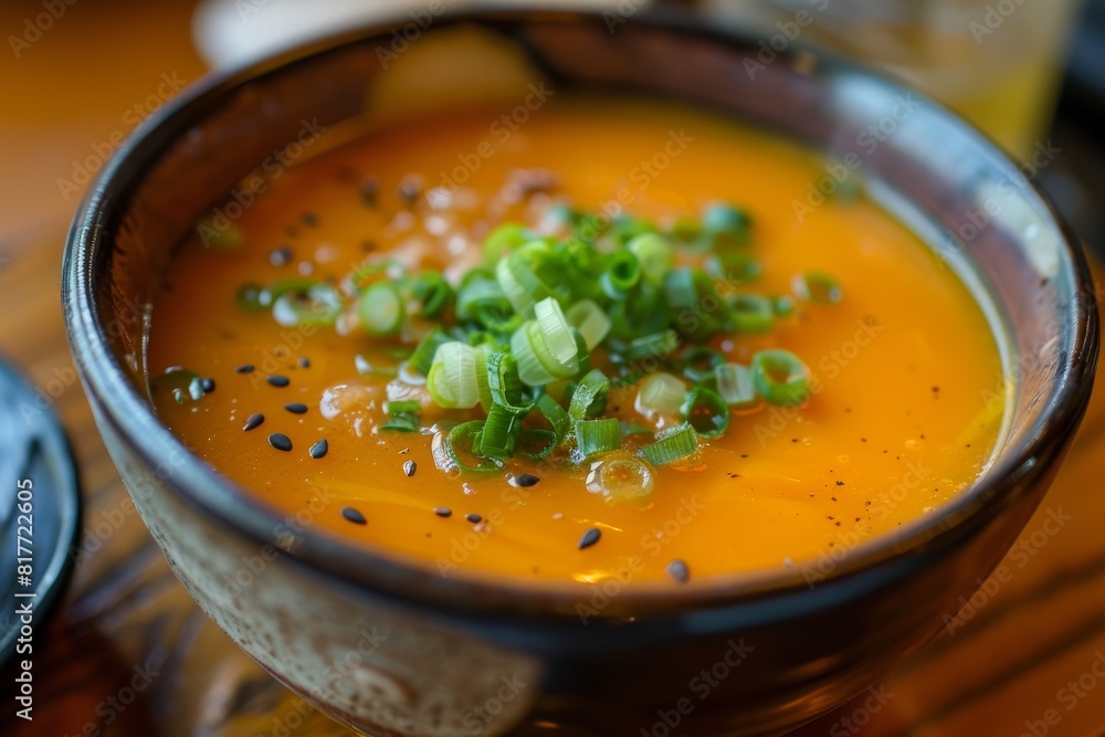Yellow tomato soup with green onion topping in a small bowl Yellow tomato soup with green onion topping in a small bowl