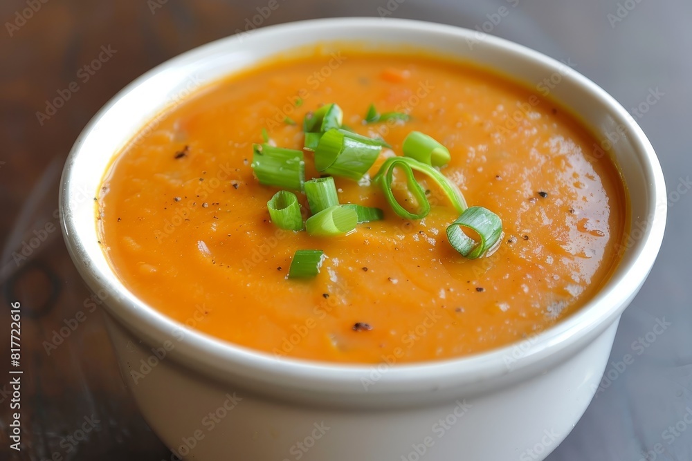 Yellow tomato soup topped with green onion in a small bowl Yellow tomato soup topped with green onion in a small bowl