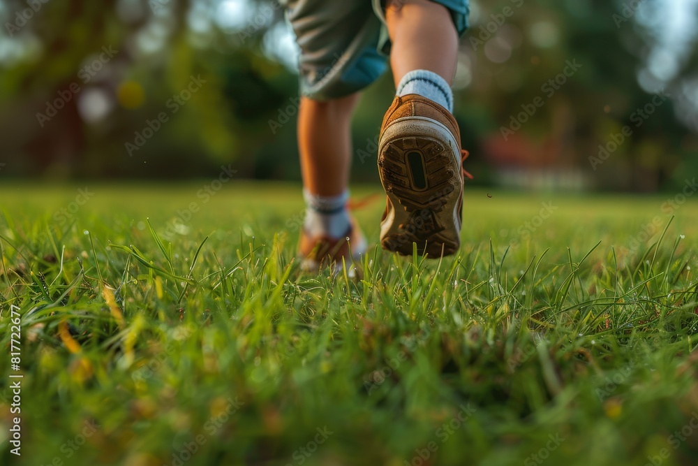 Young boy in soccer cleats running on grass field Close up of football shoes Young boy in soccer cleats running on grass field Close up of football shoes