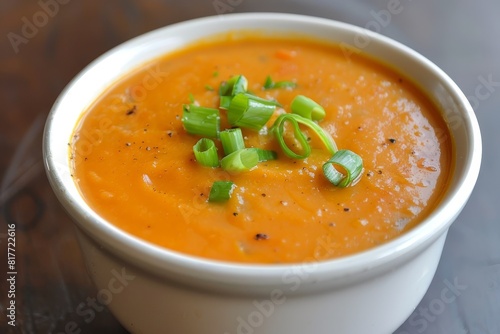 Yellow tomato soup topped with green onion in a small bowl
