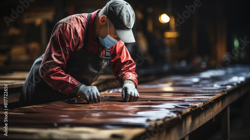 Carpenter Wearing Protective Gloves Working on Wood in Workshop