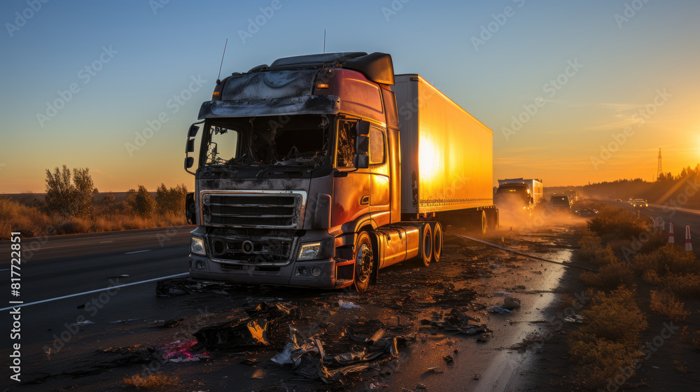 Semi Truck Accident at Sunset on a Highway Semi Truck Accident at Sunset on a Highway