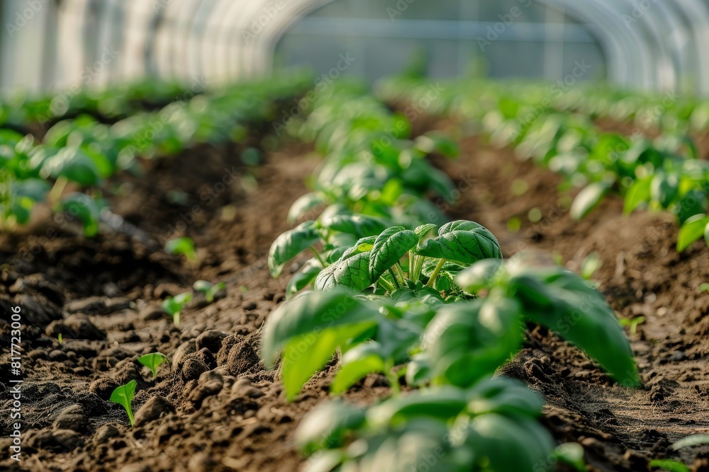 Young potato bushes in rows agriculture in early spring greenhouse effect food production Young potato bushes in rows agriculture in early spring greenhouse effect food production