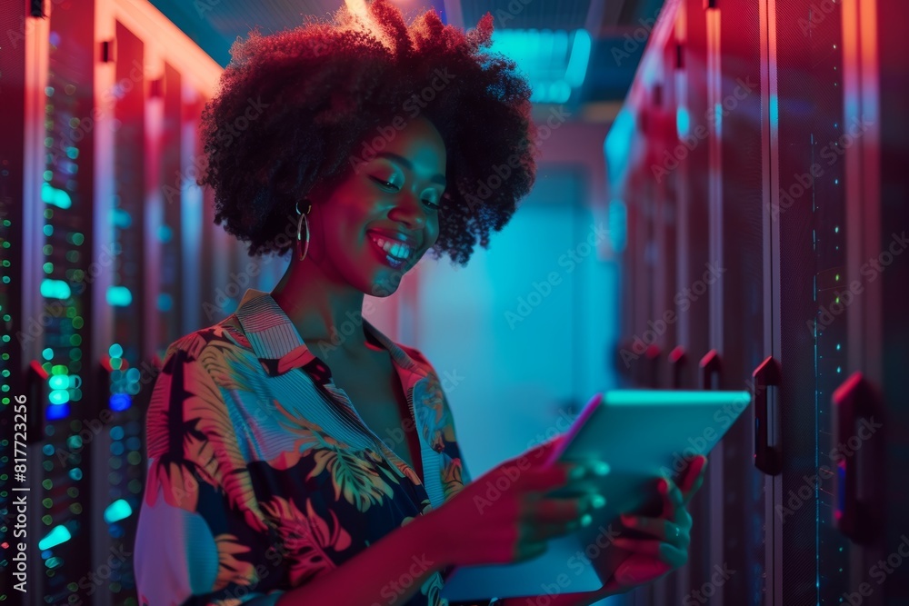 IT, programming, and black woman checking server with tablet ...