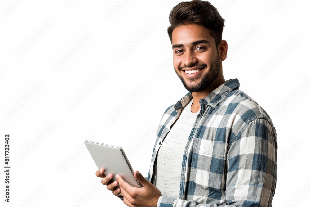 Studio portrait, businessman and tablet mockup on white background or stock market trading information. Happy Asian trader, digital technology, or app data internet space Studio portrait, businessman and tablet mockup on white background or stock market trading information. Happy Asian trader, digital technology, or app data internet space