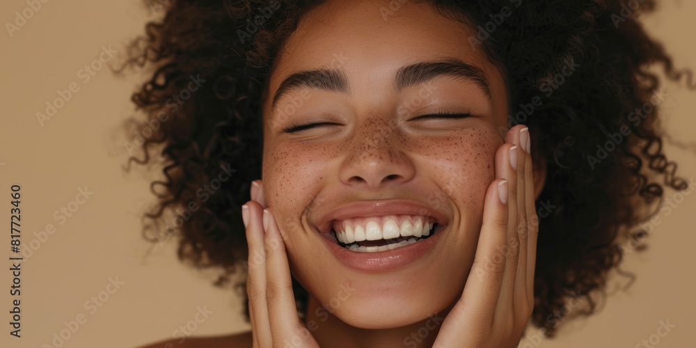 Self love, skincare, and laughing woman with hands on face in studio for wellbeing, care, or results on white background. Beautiful, happy female model excited for cosmetic Self love, skincare, and laughing woman with hands on face in studio for wellbeing, care, or results on white background. Beautiful, happy female model excited for cosmetic