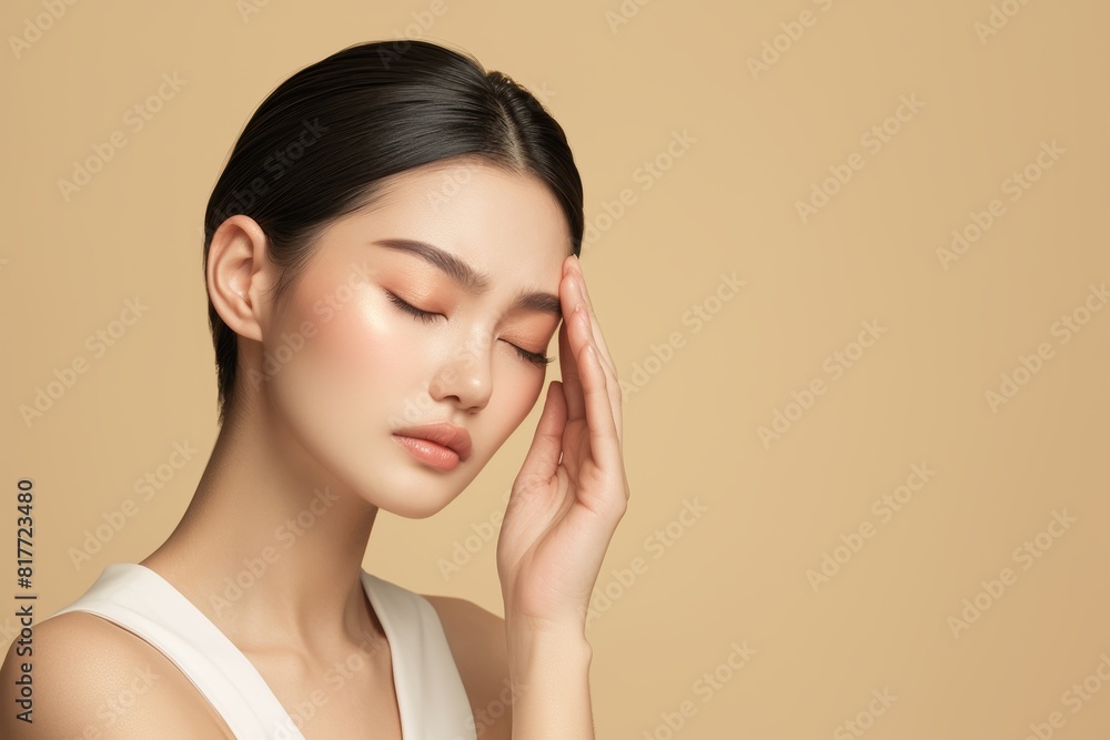 Cosmetics, beauty, and relaxation, woman with eyes closed, anti-aging acupressure, hand on face in studio. Hollywood makeup, luxury skin care, and natural spa detox facial massage.