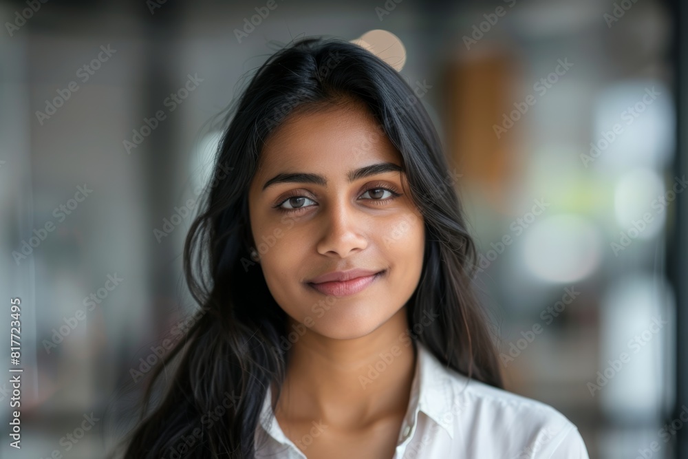 Fototapeta premium Portrait smiling woman, joyful office closeup, and happy small company owner. Startup marketing leader, entrepreneur management, and leadership with a confident smile.