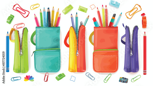 Set of pencil cases with school supplies isolated on photo