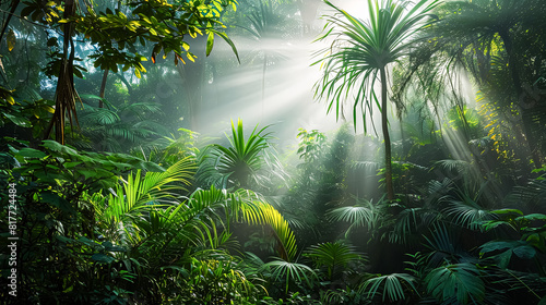 A lush  tropical jungle with a bright sun shining through the trees.