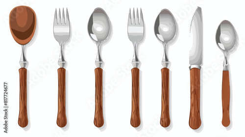 Set of stainless steel cutlery with wooden handle on