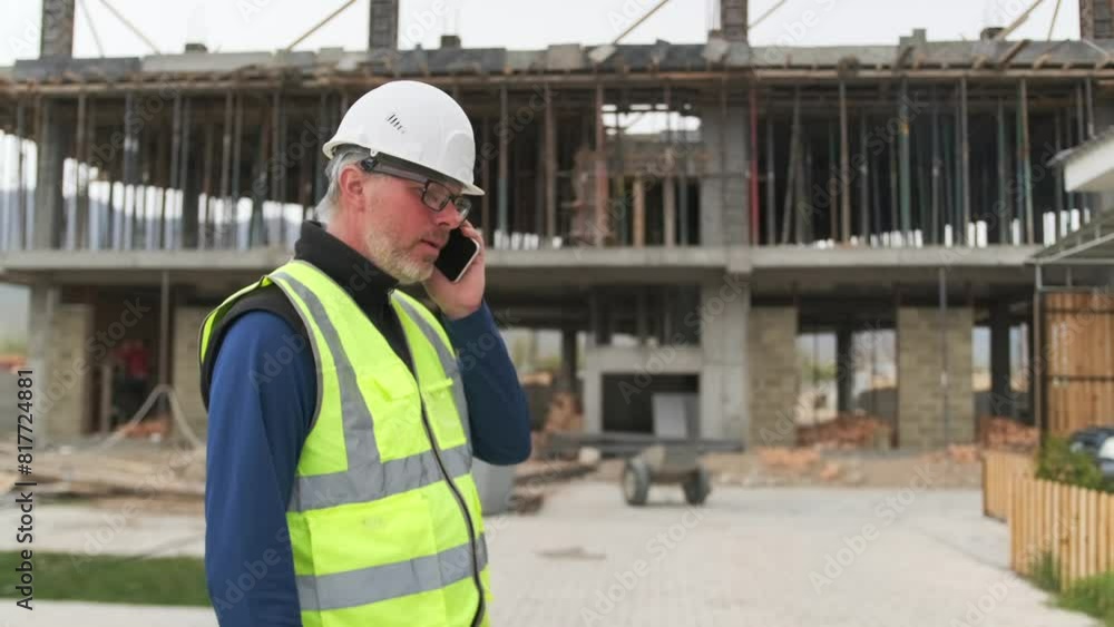 Professional manager calling with phone, male engineer, experienced specialist in helmet, reflective vest and glasses, walking against background of building under construction, beams and scaffolding. Professional manager calling with phone, male engineer, experienced specialist in helmet, reflective vest and glasses, walking against background of building under construction, beams and scaffolding.